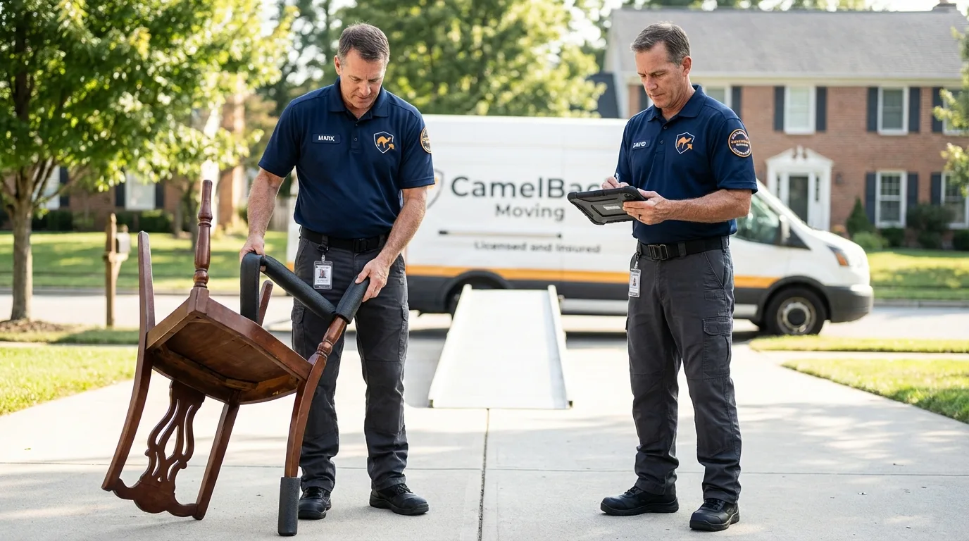 Movers inspecting furniture for damage prevention before loading in Cicero, IL